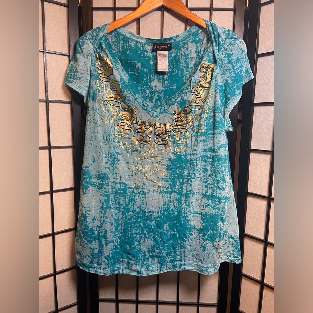 Y2k Vtg Baby Phat Rhinestone Blue Top Gold Logo Distressed Look Plus Size 1X